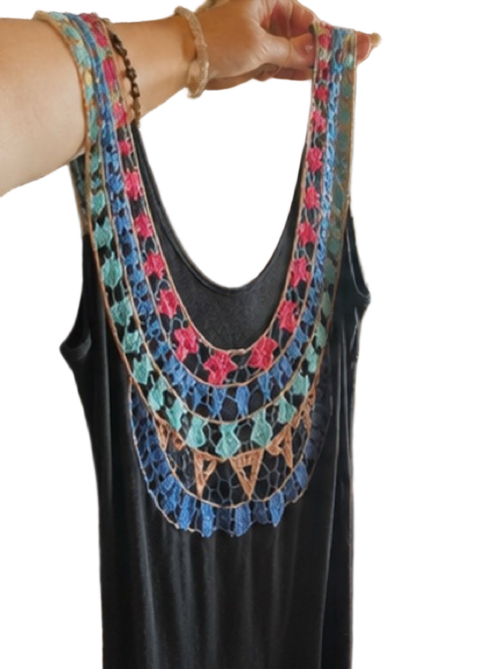 Black Maxi Dress Colorful Crochet Bib Neck Boho Festival S/M US 4 - US 6